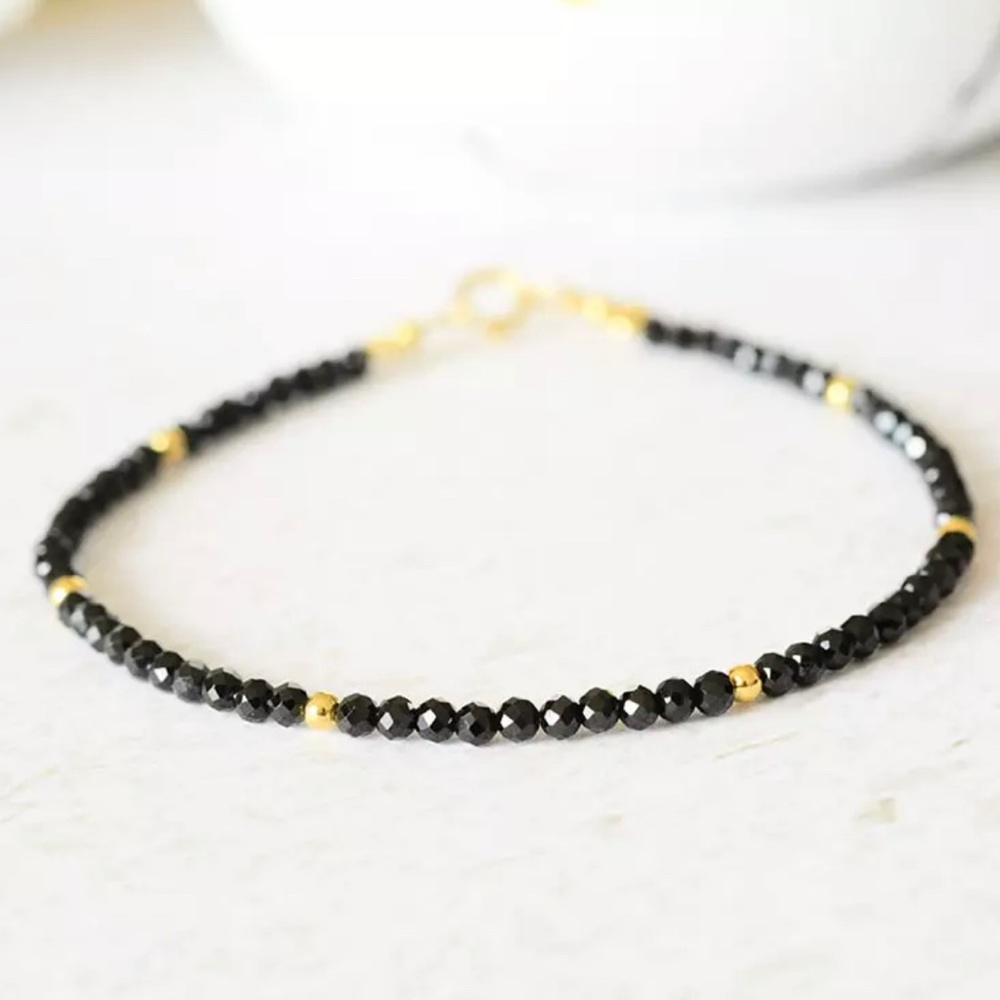 14k Gold Black Tourmaline Gemstone Beaded Bracelet